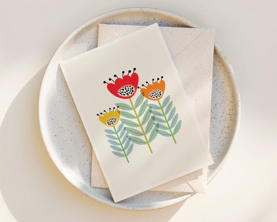 Scandinavian Flowers Note Cards - Folk Art - Abstract Flowers - Greeting Card - Notecards with envelopes - simple mid century modern flowers