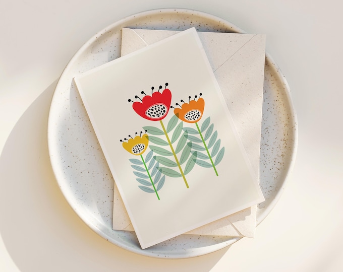 Scandinavian Floral Note Cards: Mid-Century Modern Folk Art