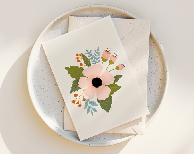 Floral Folk Art Greeting Card Set: "August Days" Blank Notecards