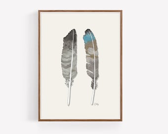Watercolor Feathers Illustration Print - Feather Art Print Nature Decor