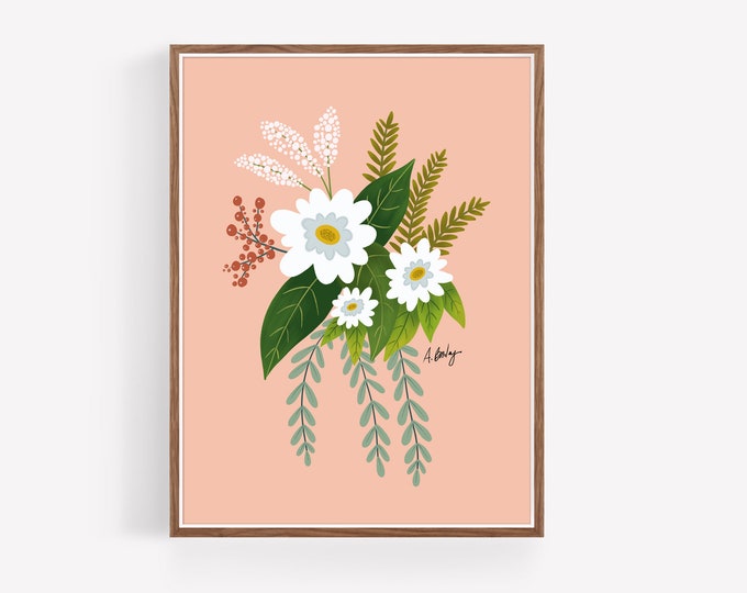Floral Folk Art Print: White Daisies Bouquet, Nursery Decor