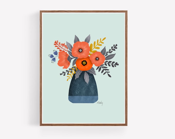 "Blue Hue" - Whimsical Folk Art Flowers Print - Scandinavian Floral Illustration Print - Hygge Decor