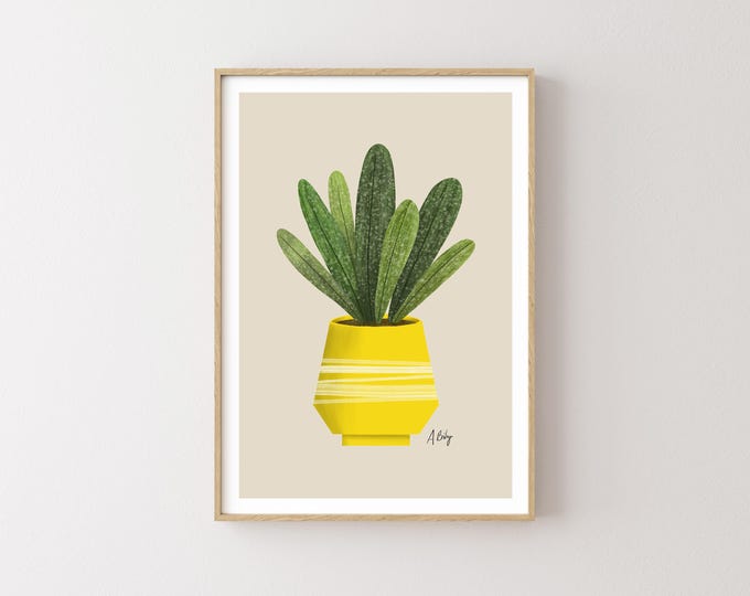 Potted Plant Illustration Print: Mid-Century Modern Yellow Pot