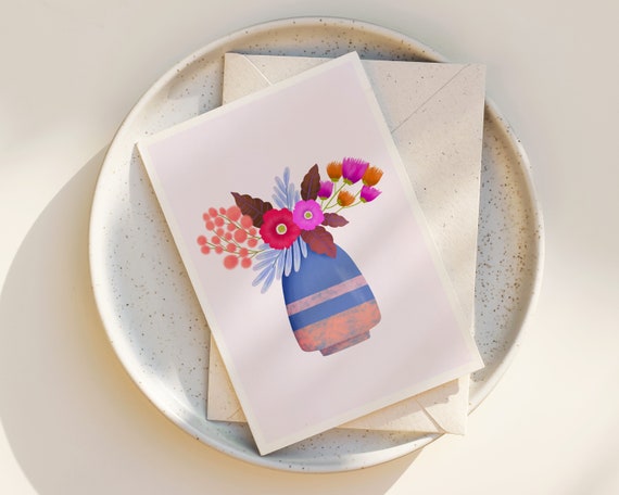 Whimsical Flowers Greeting Card - Floral Notecards - Blank Inside - Any Occasion - Greeting Cards with envelope - Cute Flowers - folk art