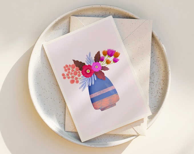 Whimsical Floral Greeting Card: Folk Art Flowers, Blank Notecard