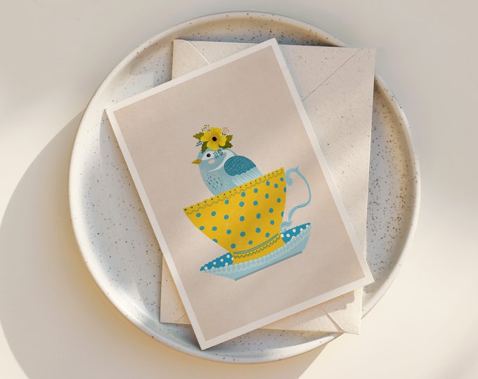 Tufted Titmouse Greeting Card: Bird in Teacup Illustration