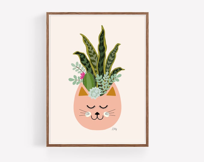 "Cats and Plants" - Whimsical Cat Planter and Succulents Print - Potted Plant Wall Art - Nature - Dopamine Decor