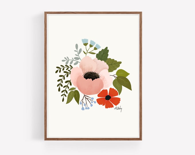 "June Garden" - Blush Pink Anemone Floral Print, Orange Red Flower Bouquet Poster, Whimsical Botanical, Cottagecore, Folk Art Flowers