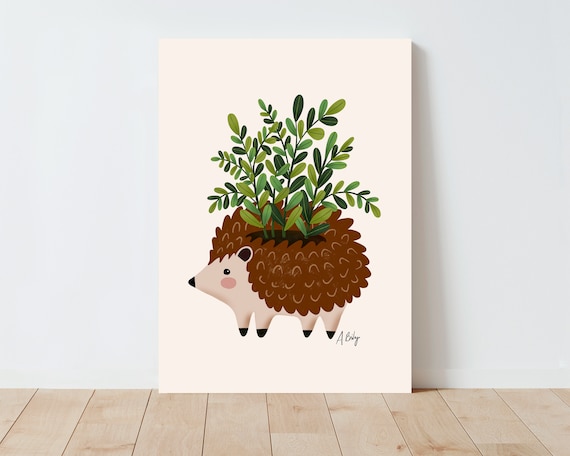 Hedgehog Planter Illustration Print - Succulents wall art - plants gift - plant lovers gift - hedgehog wall art - hedgehog wall art - plants
