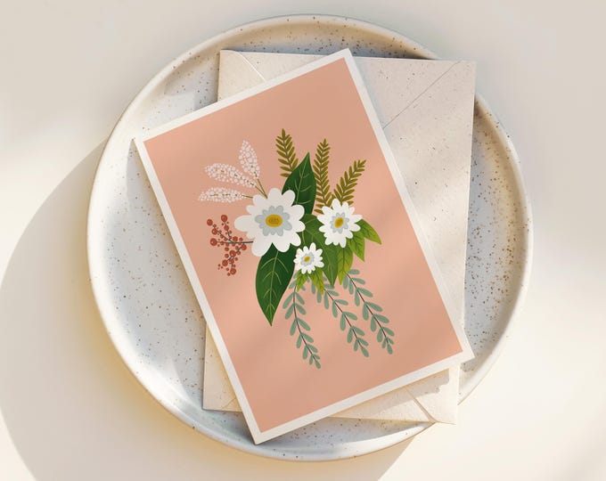 "Folk Art Flowers No. 1" - Whimsical Floral Greeting Card with Envelope