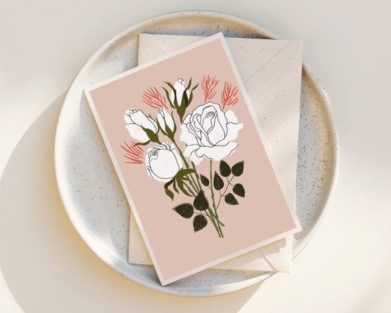 Cute Folk Art Roses Note Cards - Floral Greeting Cards - Blank inside any occasion - Set of Note Cards -  White Rose - Scandinavian - Floral