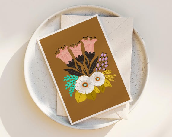 Folk Art Greeting Cards | Folk Art Flowers | Note Cards Set | Card and Envelope | Scandinavian Folk Art | Simple Artwork | Botanical art