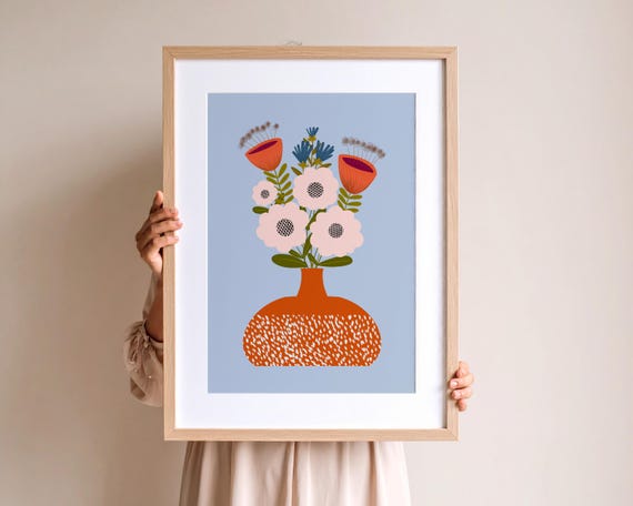 Charming Simple Folk Art Flowers Art Print - Floral Wall art - Scandinavian Wall Art - large wall art - whimsical still life flowers print
