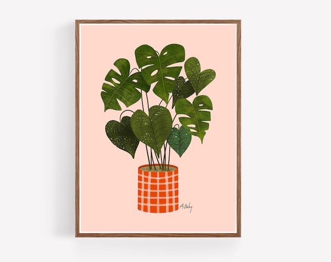 "Plaid Planter" - Potted Plant wall art - Monstera Illustration Print - Whimsical Nature hygge decor
