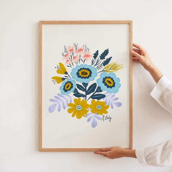 Colorful folk art flowers wall art - simple flowers wall art - floral art print - large wall art - scandinavian art prints - whimsical art
