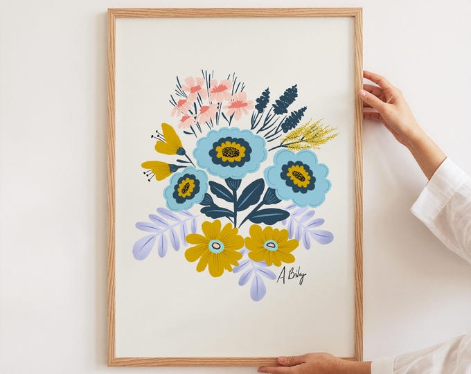 Retro Floral Art Print: Blue Flowers Illustration