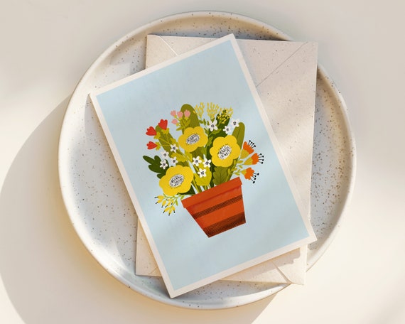 Whimsical Flowers Greeting Card - Floral Notecards - Blank Inside - Any Occasion - Greeting Cards with envelope - Cute Flowers - folk art
