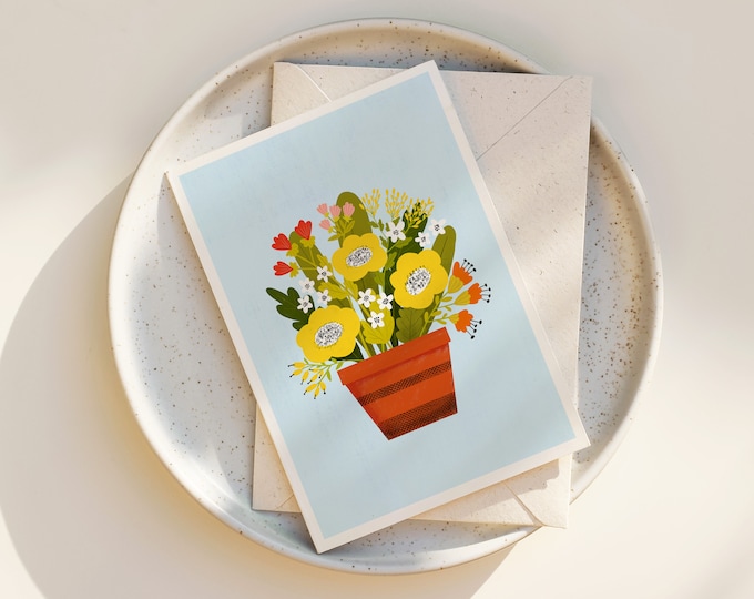 Whimsical Floral Greeting Card: "Summer Days" Flower Pot Art