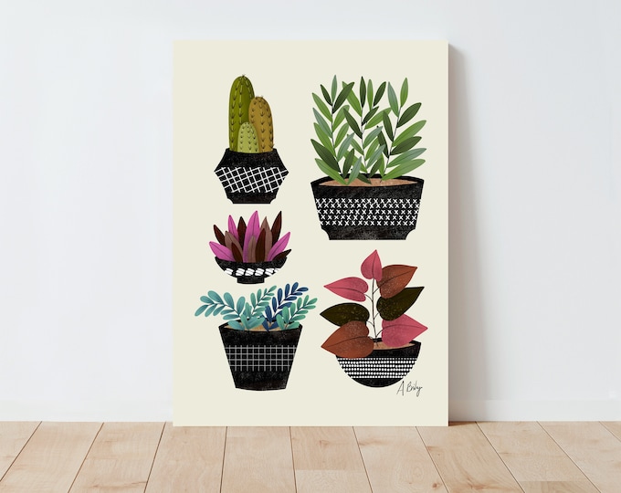 Scandinavian Planters Art Print: Botanical Illustration, Cactus & Succulents