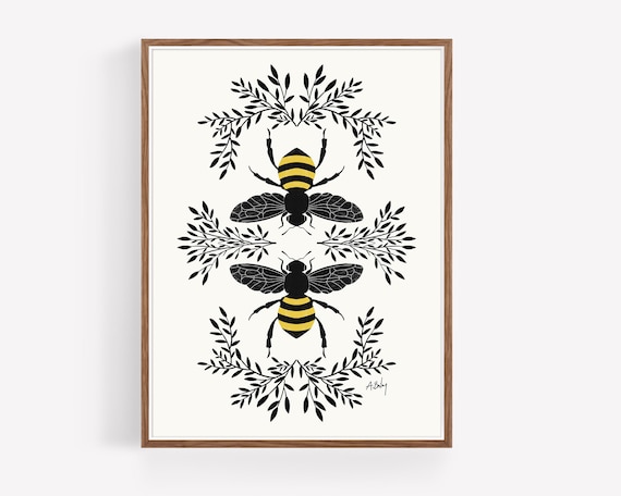 Honey Bee Wall Art Print - Honey Bee Art - Bee Print - Scandinavian Decor - Farmhouse Decor - Botanical Decor - Botanical Print - Nature art