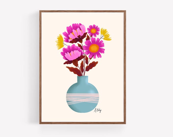 "Spring Botanicals" - Folk Art Floral Print, Flower Illustration, Rustic Botanical Art, Colorful Wildflower Bouquet, Cottagecore Decor