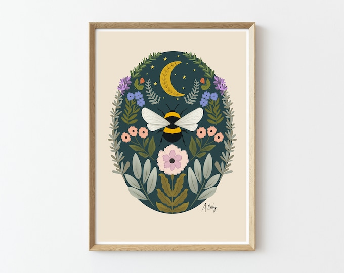 Bumble Bee Illustration Print: Botanical Folk Art