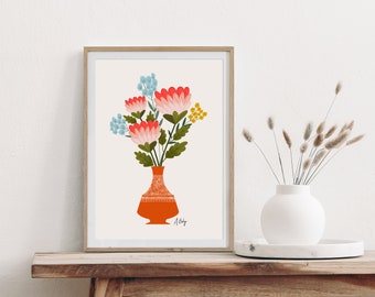 Vintage Flowers Illustration Print - Scandinavian Art - Folk Art - Simple Artwork - Botanical illustration - botanical wall art - abstract