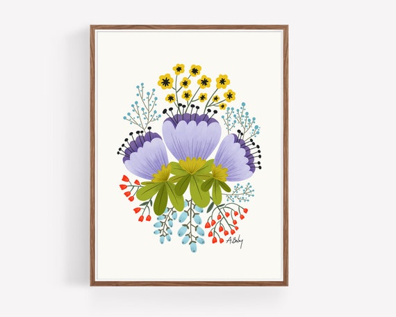 Folk Art Flowers Wall Art Print - Hygge Decor - Scandinavian Decor - Floral Art - Whimsical Art - Botanical Art - Living Room Wall Art