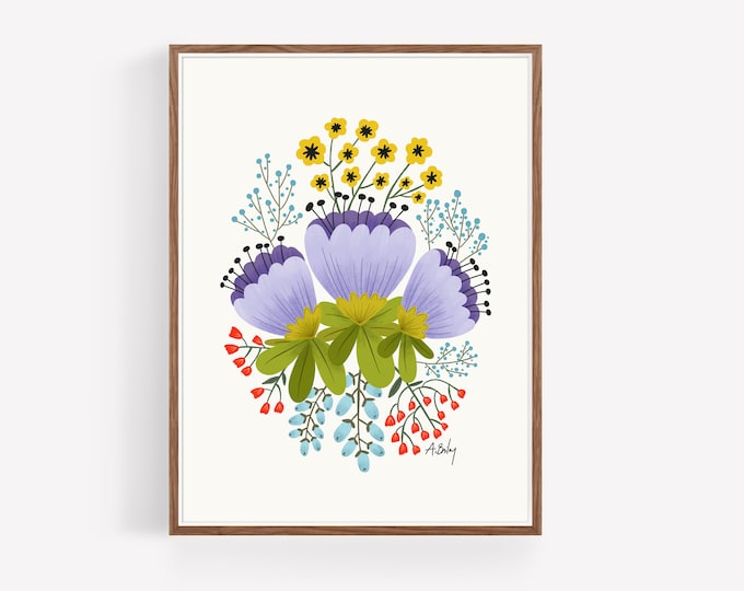 Lilac Bloom Art Print: Folk Art Scandinavian Floral Wall Decor