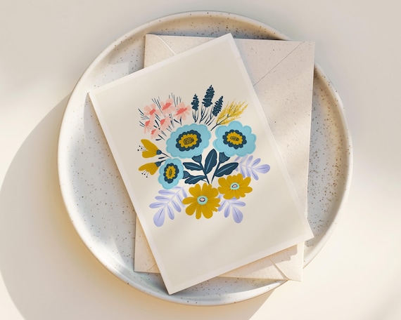 Whimsical Flowers Greeting Card - Floral Notecards - Blank Inside - Any Occasion - Greeting Cards with envelope - Cute - Simple - folk art