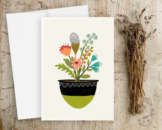 Potted Flowers Greeting Card with Envelope - Floral Note Cards - Scandinavian - Hygge - Set of Notecards - Flower Cards - Cute - Whimsical