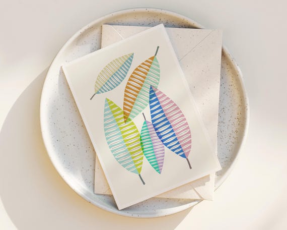 Cute Mid Century Modern Overlapping Leaves - Nature Note Cards - Simple Note Cards - Blank inside for any occasion - Colorful Greeting Cards