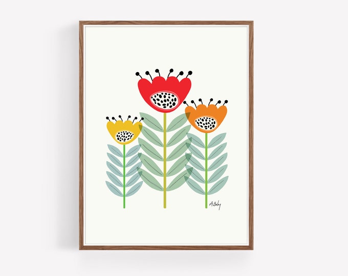 "Mid Mod Garden No. 2" - Scandinavian Floral Art Print: Mid-Century Modern Folk Art