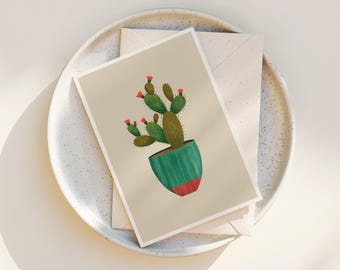 May include: A greeting card featuring a green cactus with red flowers in a green and red pot on a beige background.