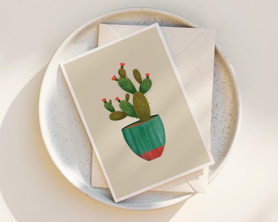 Cheerful Potted Paddle Cactus Note Cards - Succulent Greeting Cards - Blank inside any occasion - Set of Note Cards - Cute Cactus Drawing