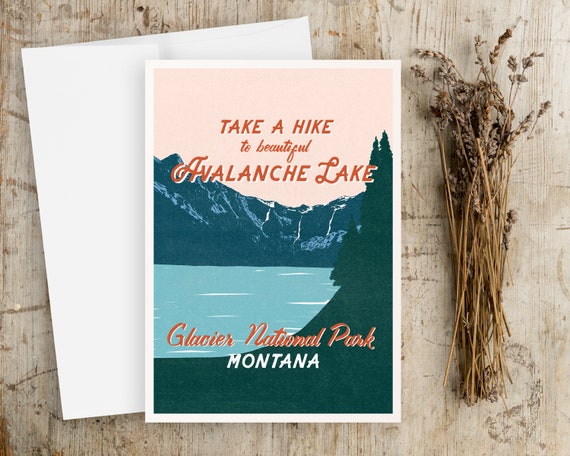 Glacier National Park Greeting Cards - National Parks - Note Cards - Avalanche Lake - Illustration - Landscape - Mountains - Blank notecards
