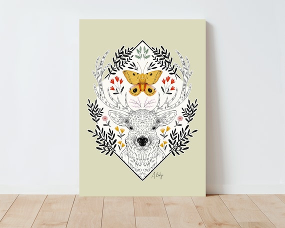 Elk and Moth Botanical Wall Art Print - Illustration Print - Botanical wall art - Line Art - Scandinavian Decor - Folk Art - Nature Print