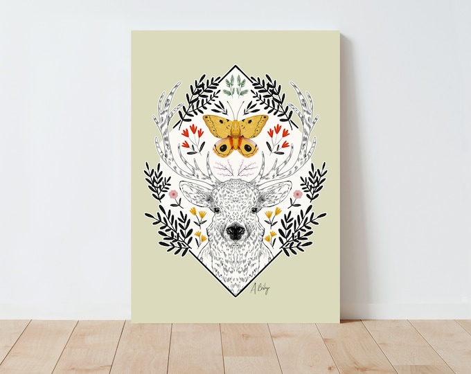 Elk and Io Moth Botanical Art Print: Scandinavian Folk Art