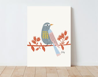 Scandinavian Bird Wall Art - Folk Art - Illustration Print - Simple Artwork - Botanical illustration - Botanical wall art - large wall art