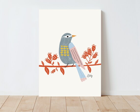 Scandinavian Bird Wall Art - Folk Art - Illustration Print - Simple Artwork - Botanical illustration - Botanical wall art - large wall art