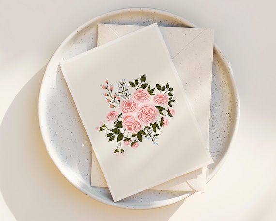 Whimsical Pink Roses Greeting Card - Floral Notecards - Blank Inside - Any Occasion - Greeting Cards with envelope - Cute Folk Art Flowers