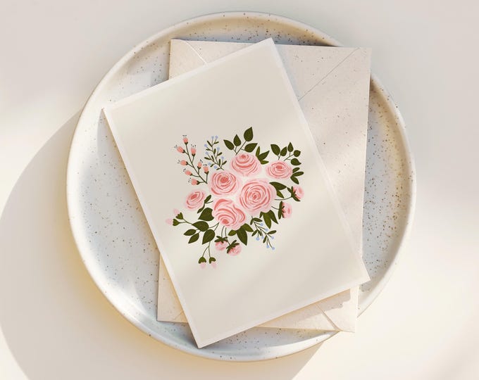 Whimsical Pink Roses Greeting Card: Floral Folk Art Notecard