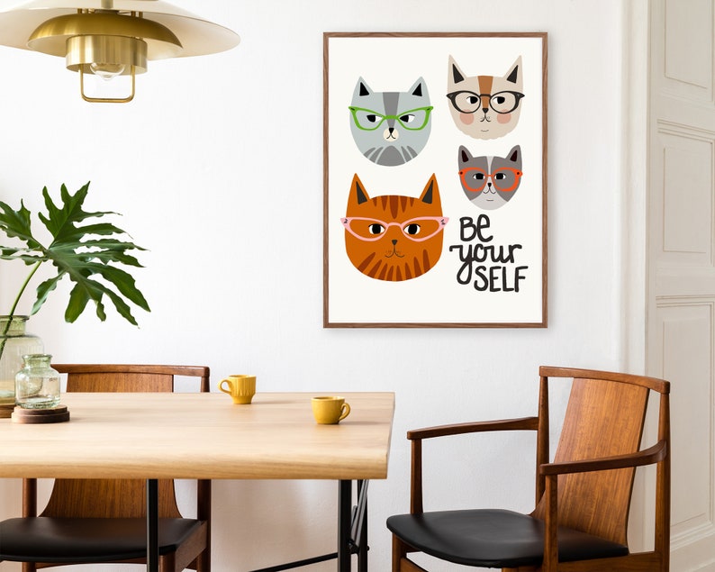 Be Yourself Cats with Glasses Quote Print Cat wall art Quotes about life Funny Cat Art Quote wall art Large wall art Animals Art image 7