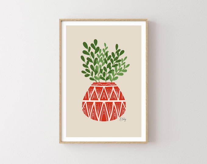 Potted Jade Plant Print: Red Geometric Pot, Succulent Wall Art