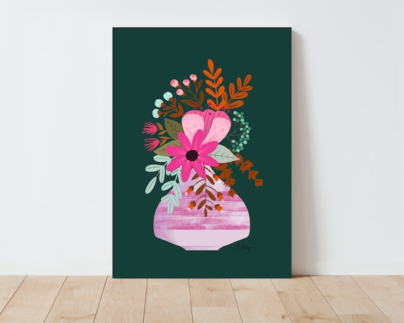 Folk Art Illustration Print - Flower Wall Art - Botanical Illustration - Living Room Wall Art - Farmhouse Decor - Scandinavian Decor