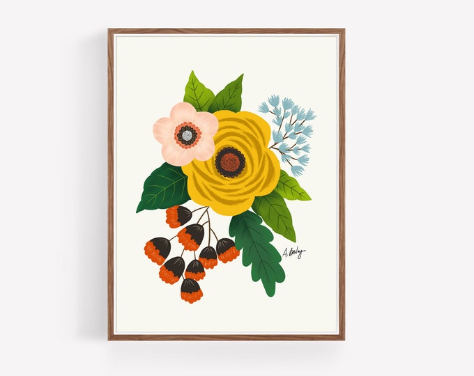 "Folk Art Flowers No. 3" - Whimsical Folk Art Flowers Print - Scandinavian Floral Illustration Print - Hygge Decor