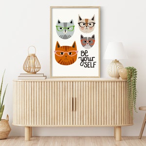 Be Yourself Cats with Glasses Quote Print Cat wall art Quotes about life Funny Cat Art Quote wall art Large wall art Animals Art image 2