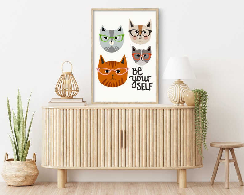 Be Yourself Cats with Glasses Quote Print Cat wall art Quotes about life Funny Cat Art Quote wall art Large wall art Animals Art image 2