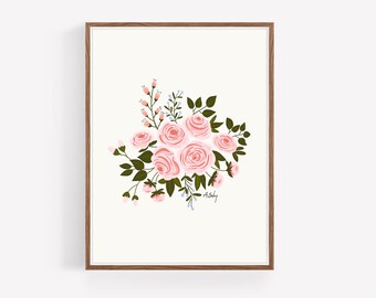 Pink Roses Illustration Art Print: Boho Floral Wall Decor