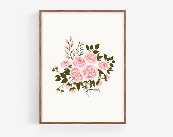"Pink Roses" - Illustration Art Print: Boho Floral Wall Decor
